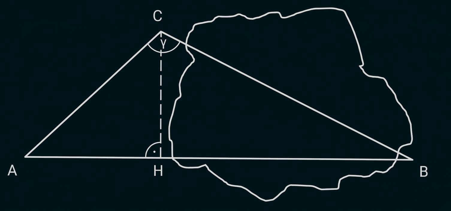 Geometrische Skizze eines Dreiecks mit eingezeichneter Höhe und Winkelmarkierungen.